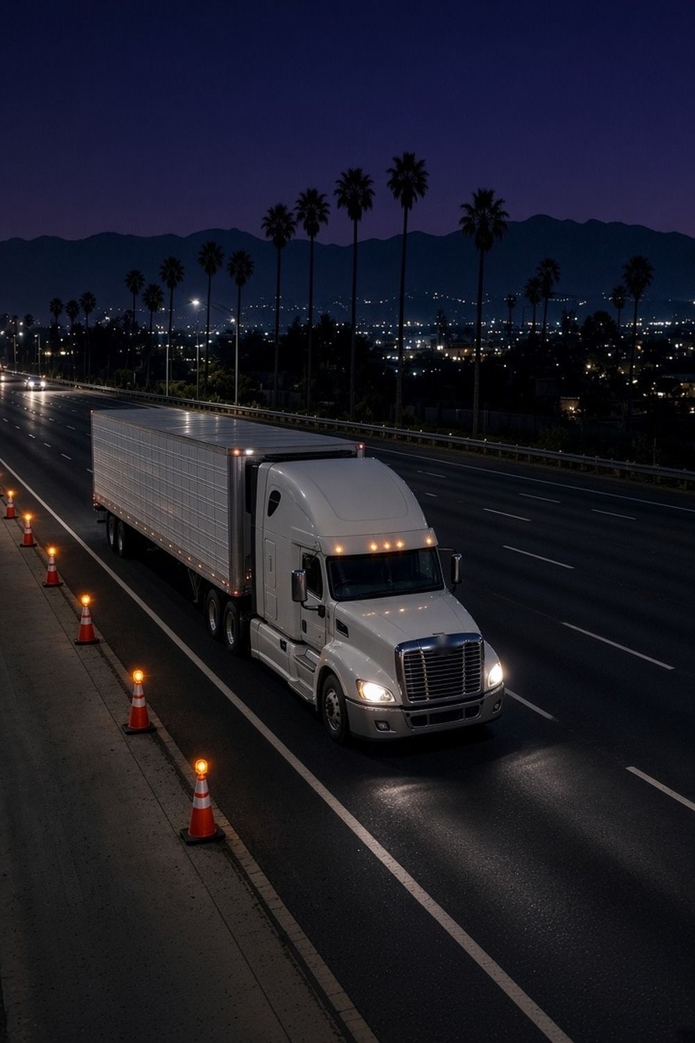 Semi trucks moving on a California freeway at night past orange cones and flashing amber lights along the shoulder