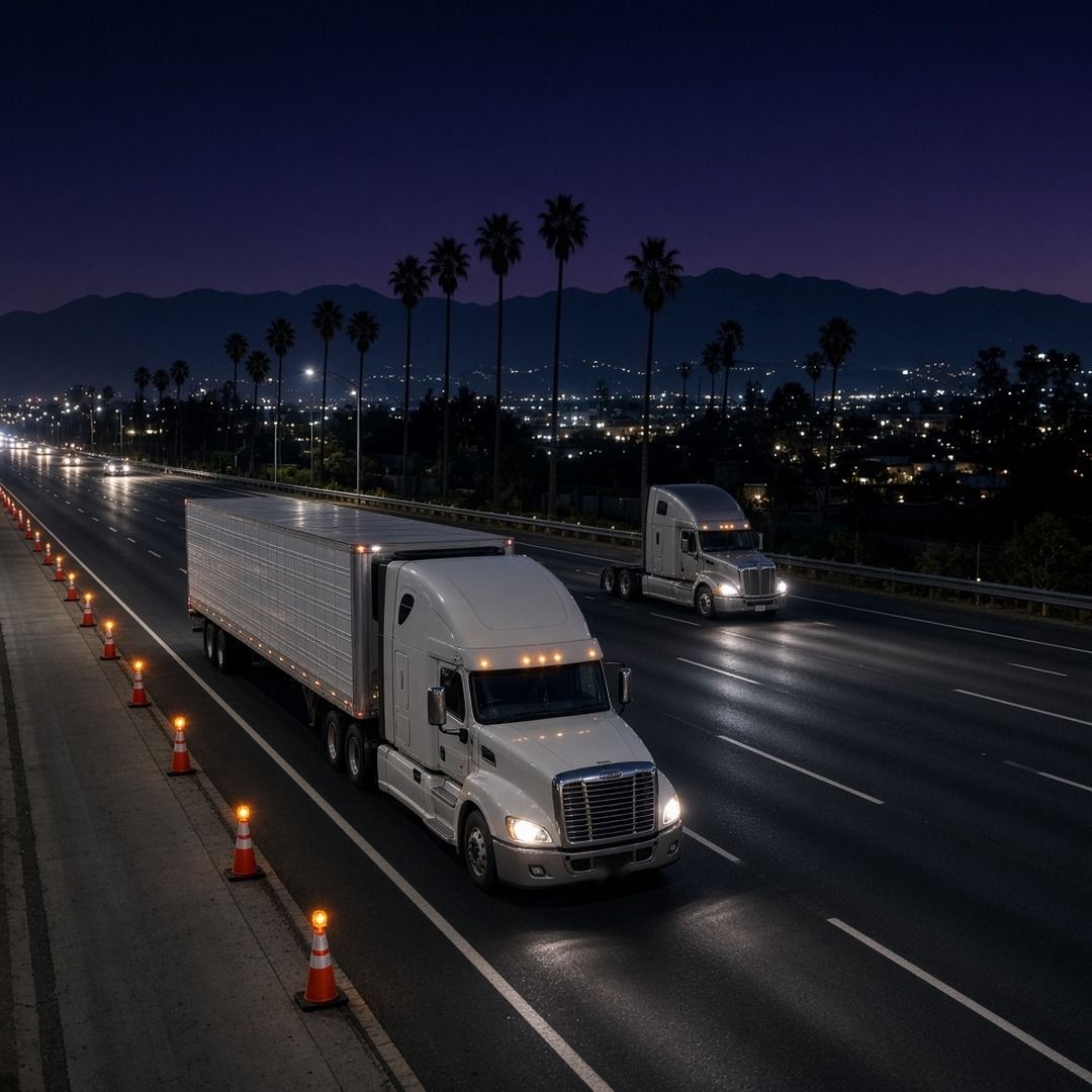 Semi trucks moving on a California freeway at night past orange cones and flashing amber lights along the shoulder