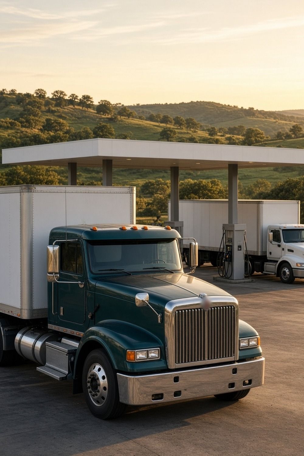 Semi trucks fueling under a plain canopy at a small truck stop off an interstate in rolling Texas Hill Country