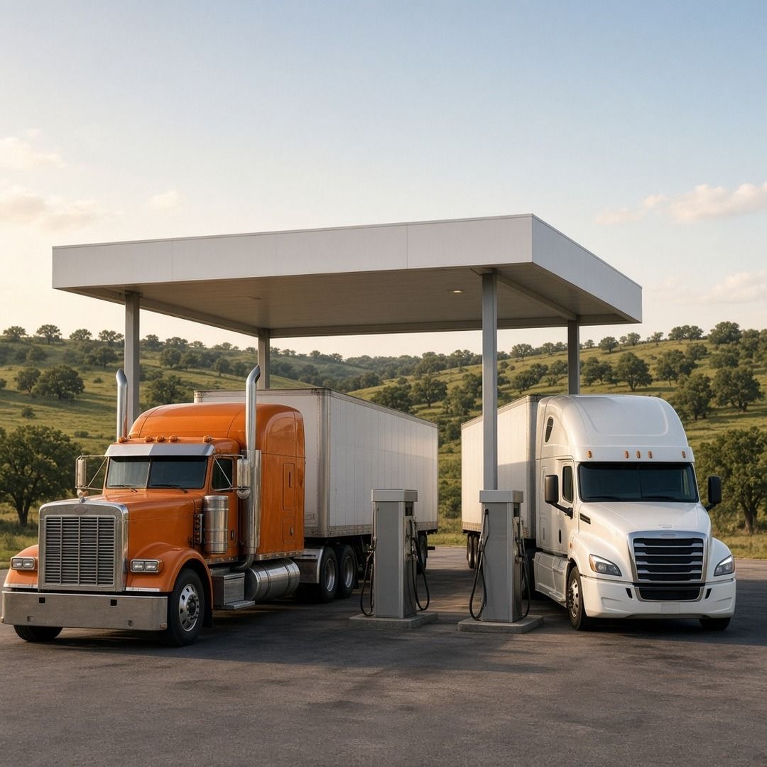 Semi trucks fueling under a plain canopy at a small truck stop off an interstate in rolling Texas Hill Country