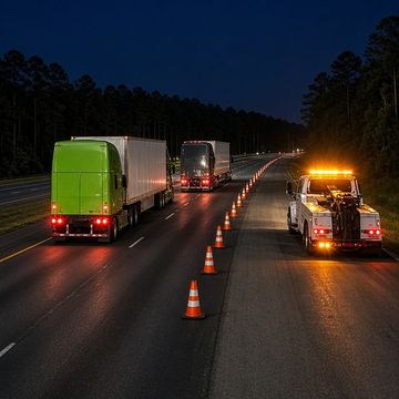 Semi trucks pass a lane closed with orange cones and a tow truck with flashing amber lights on a pine-lined interstate at night