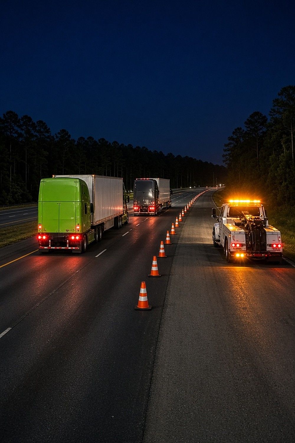 Semi trucks pass a lane closed with orange cones and a tow truck with flashing amber lights on a pine-lined interstate at night