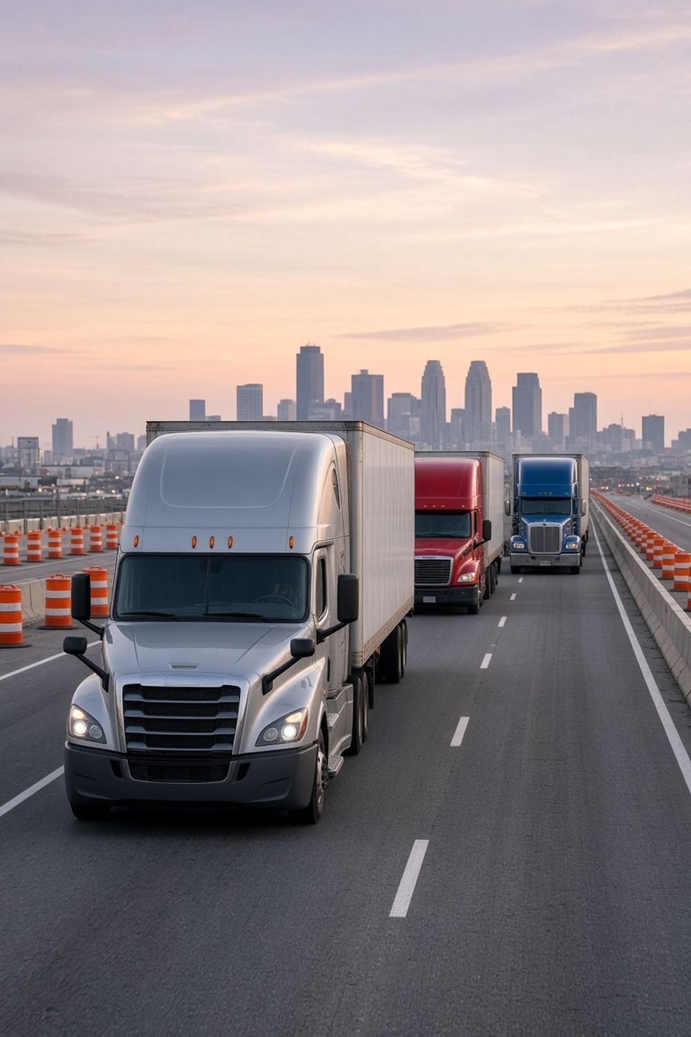 Several semi trucks moving slowly on a wide city interstate with orange construction barrels and a downtown skyline in the distance