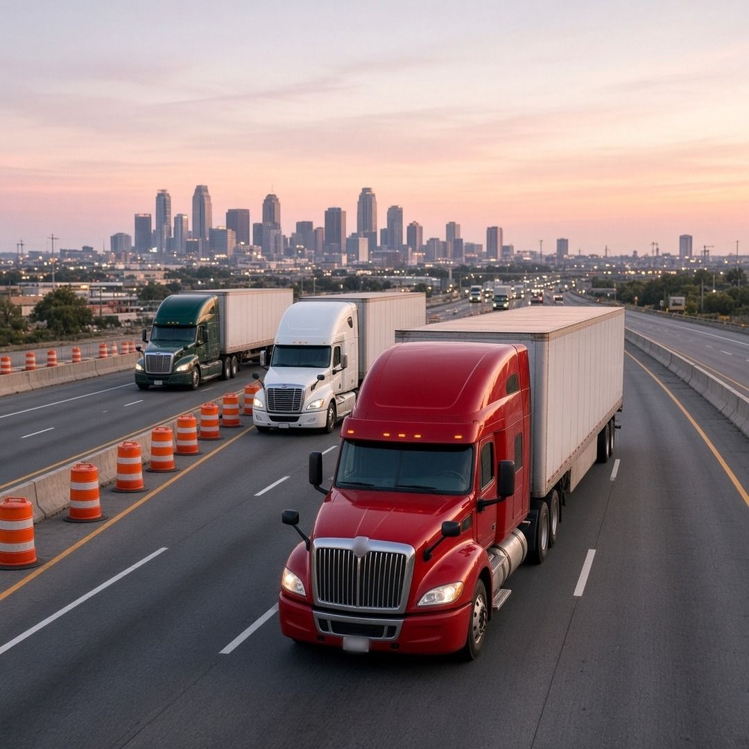 Several semi trucks moving slowly on a wide city interstate with orange construction barrels and a downtown skyline in the distance