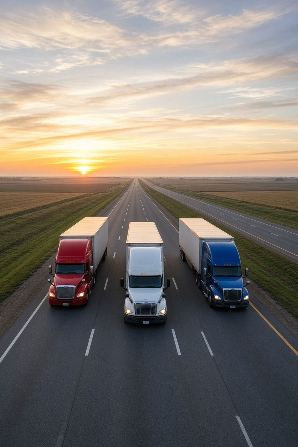 Semi trucks with dry van trailers rolling down a long interstate through farm country at sunrise
