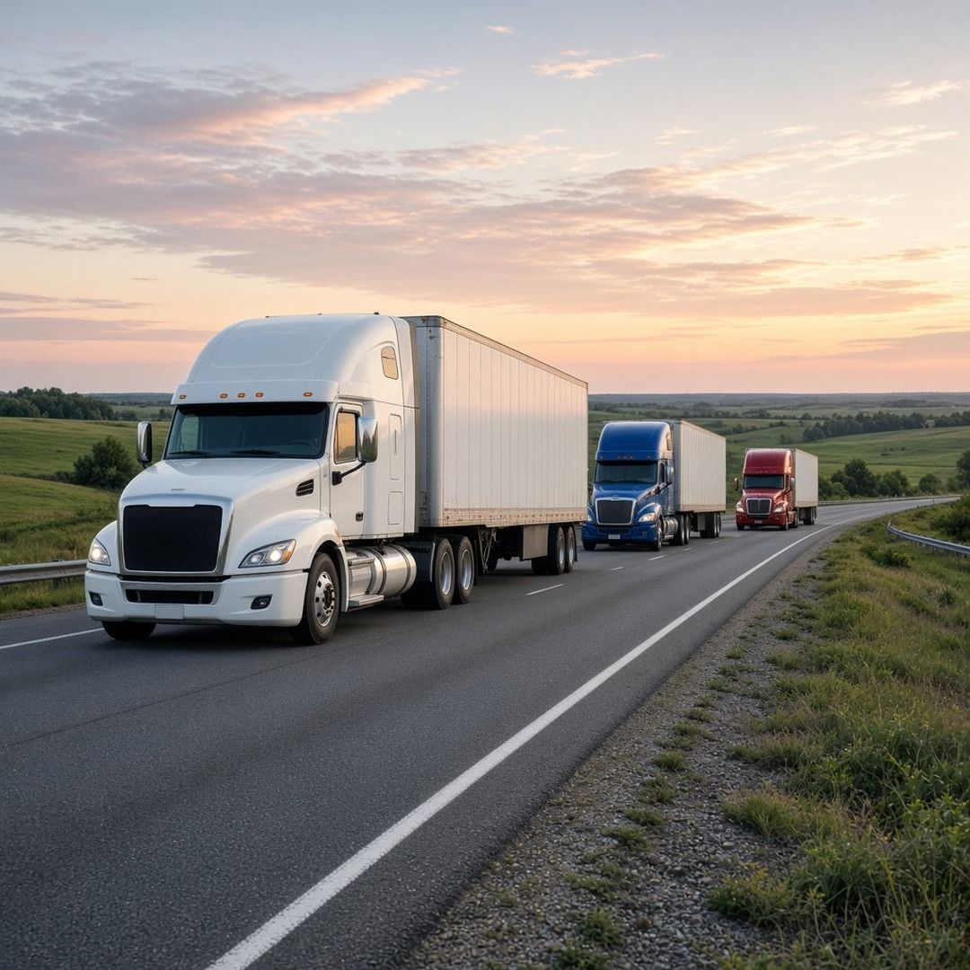 Several semi trucks traveling a wide interstate highway through open farm country at sunrise