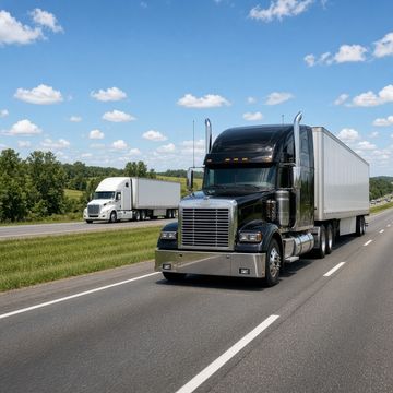 Semi trucks traveling a four lane rural interstate through green Missouri farmland and tree lines on a sunny day