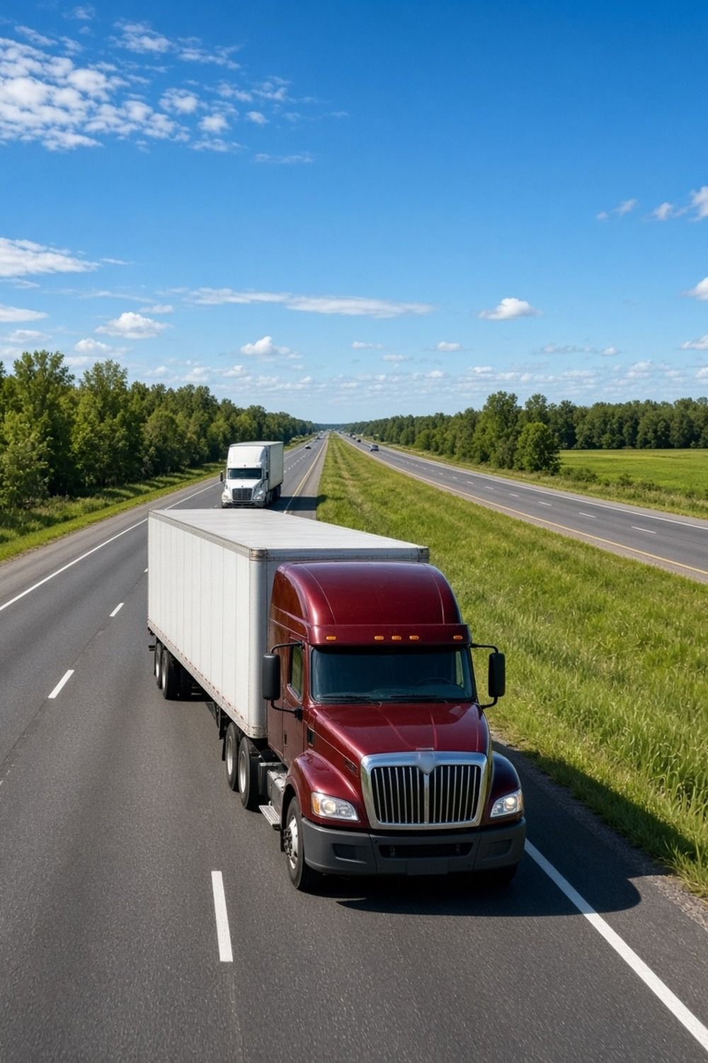 Semi trucks traveling a four lane rural interstate through green Missouri farmland and tree lines on a sunny day