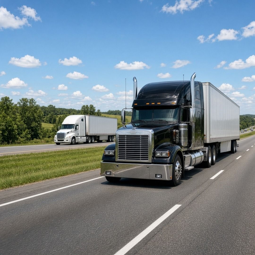 Semi trucks traveling a four lane rural interstate through green Missouri farmland and tree lines on a sunny day