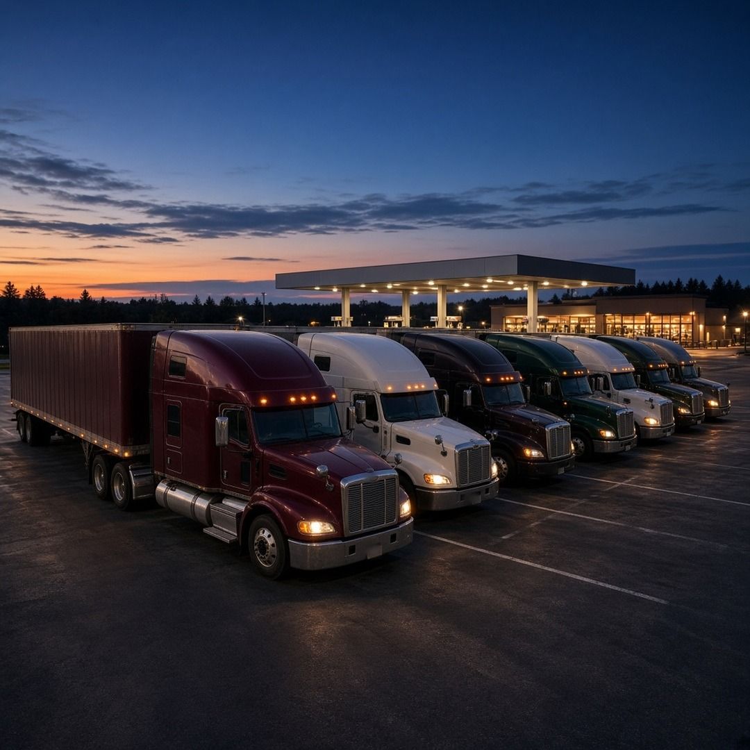Rows of semi trucks parked at a large truck stop with a lit diesel fuel island at dusk