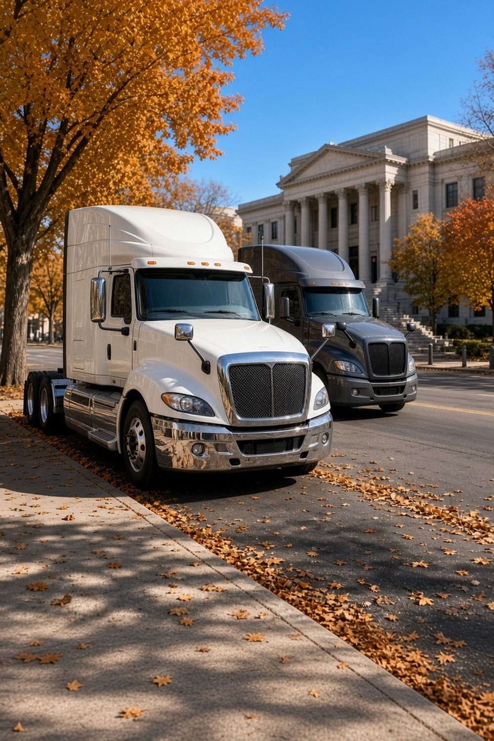 Two semi trucks parked on a quiet city street lined with autumn trees near a stone government building
