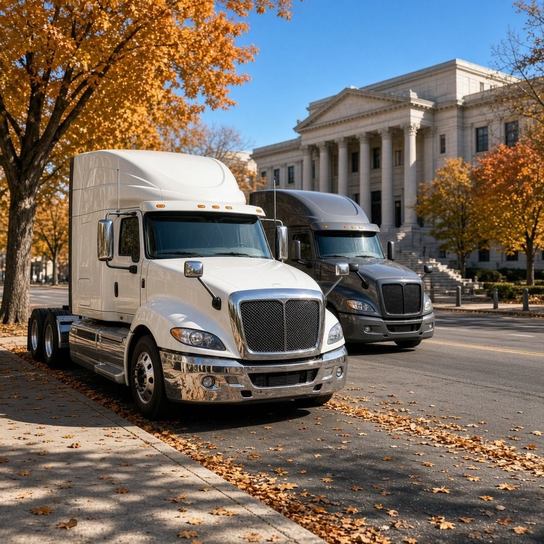 Two semi trucks parked on a quiet city street lined with autumn trees near a stone government building