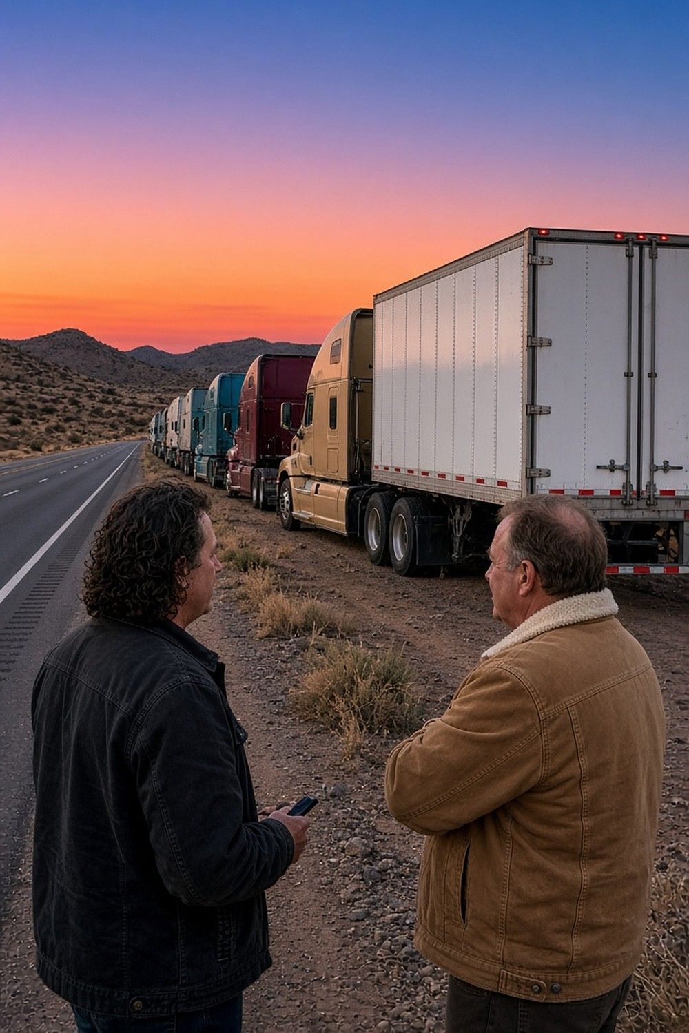 Two men talk on a dirt shoulder beside a long line of semi trucks parked along a desert highway under an orange dusk sky, travel lanes open