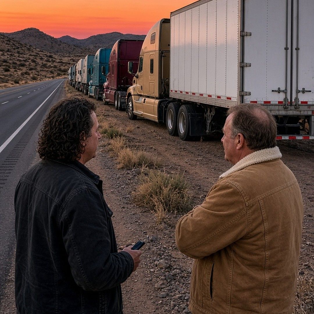 Two men talk on a dirt shoulder beside a long line of semi trucks parked along a desert highway at dusk, travel lanes open
