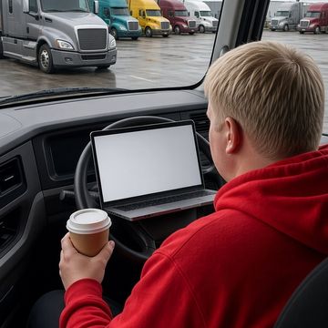 A trucker holding a coffee sits in a parked semi cab with a laptop on the steering wheel, other semis in a lot outside on an overcast morning