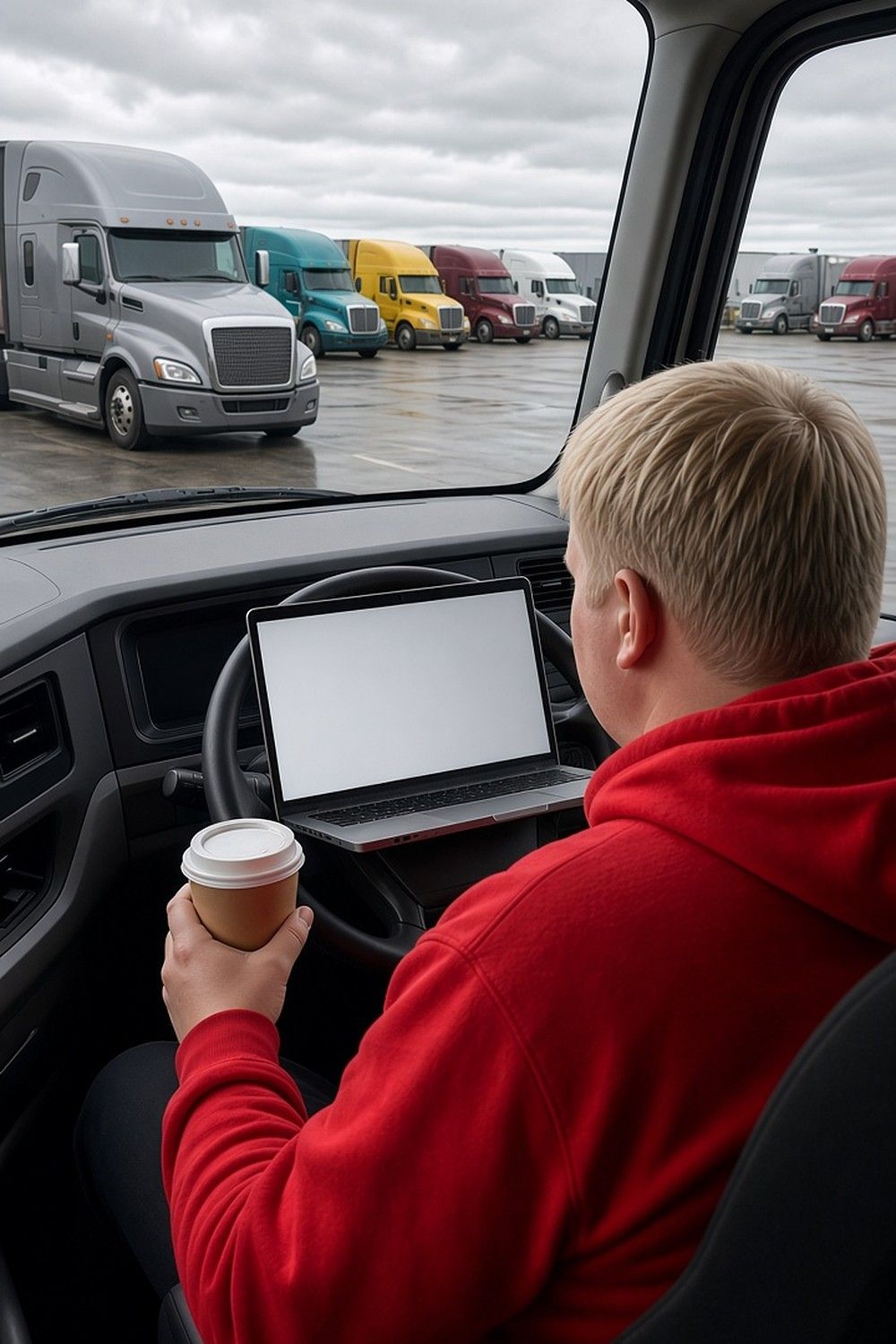 A trucker holding a coffee sits in a parked semi cab with a laptop on the steering wheel, a row of semis outside under gray skies