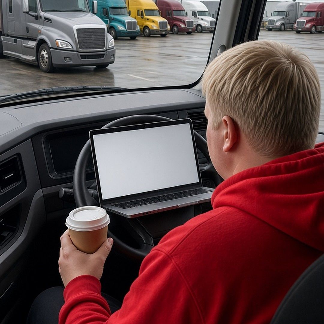 A trucker holding a coffee sits in a parked semi cab with a laptop on the steering wheel, other semis in a lot outside on an overcast morning