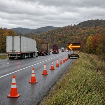 Semi trucks move along a Pennsylvania interstate past a line of orange cones and a lit amber arrow board, with autumn hills under gray skies