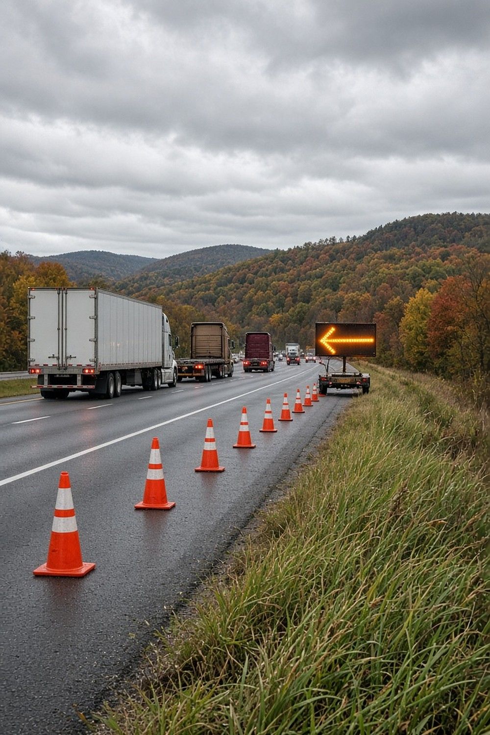 Semi trucks move along a Pennsylvania interstate past orange cones and a lit amber arrow board, with autumn hills under gray skies