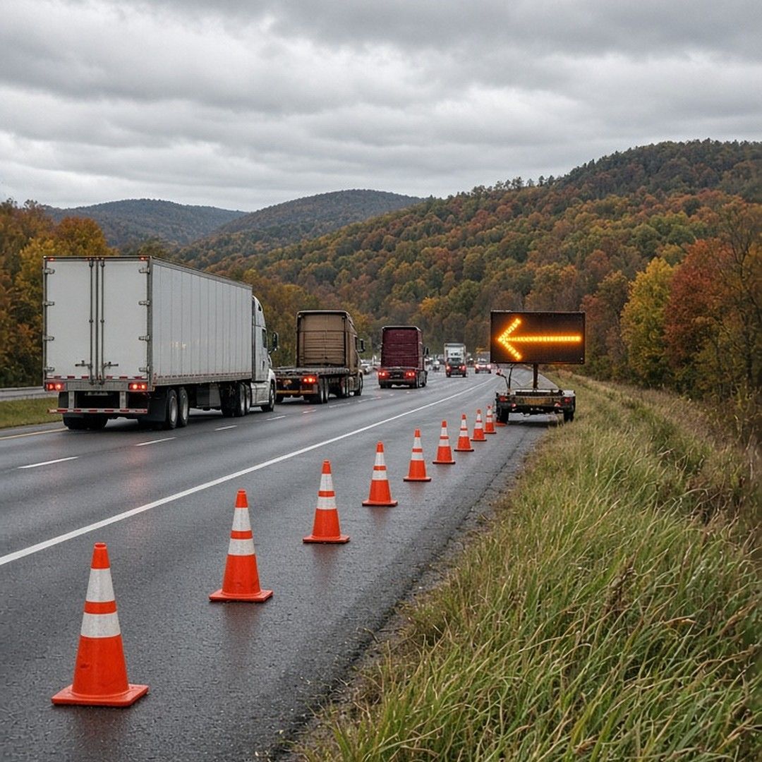 Semi trucks move along a Pennsylvania interstate past a line of orange cones and a lit amber arrow board, with autumn hills under gray skies