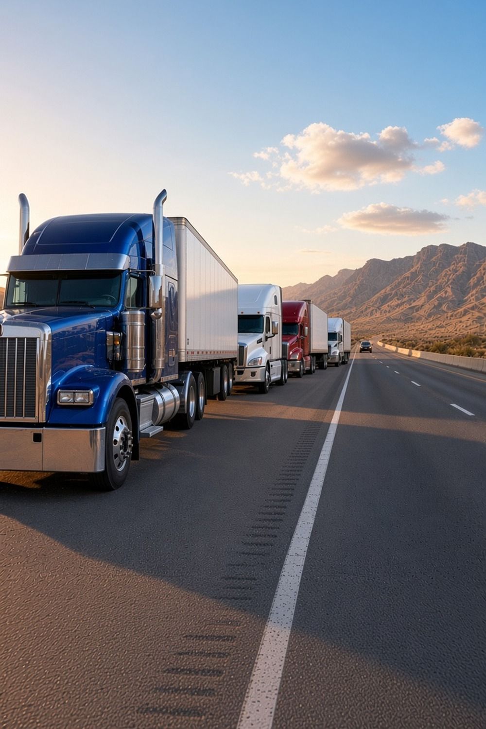 Illustration of semi trucks waiting in a line along a wide desert highway shoulder in early morning light ahead of a planned trucker strike in Mexico. Not a photo of the strike.
