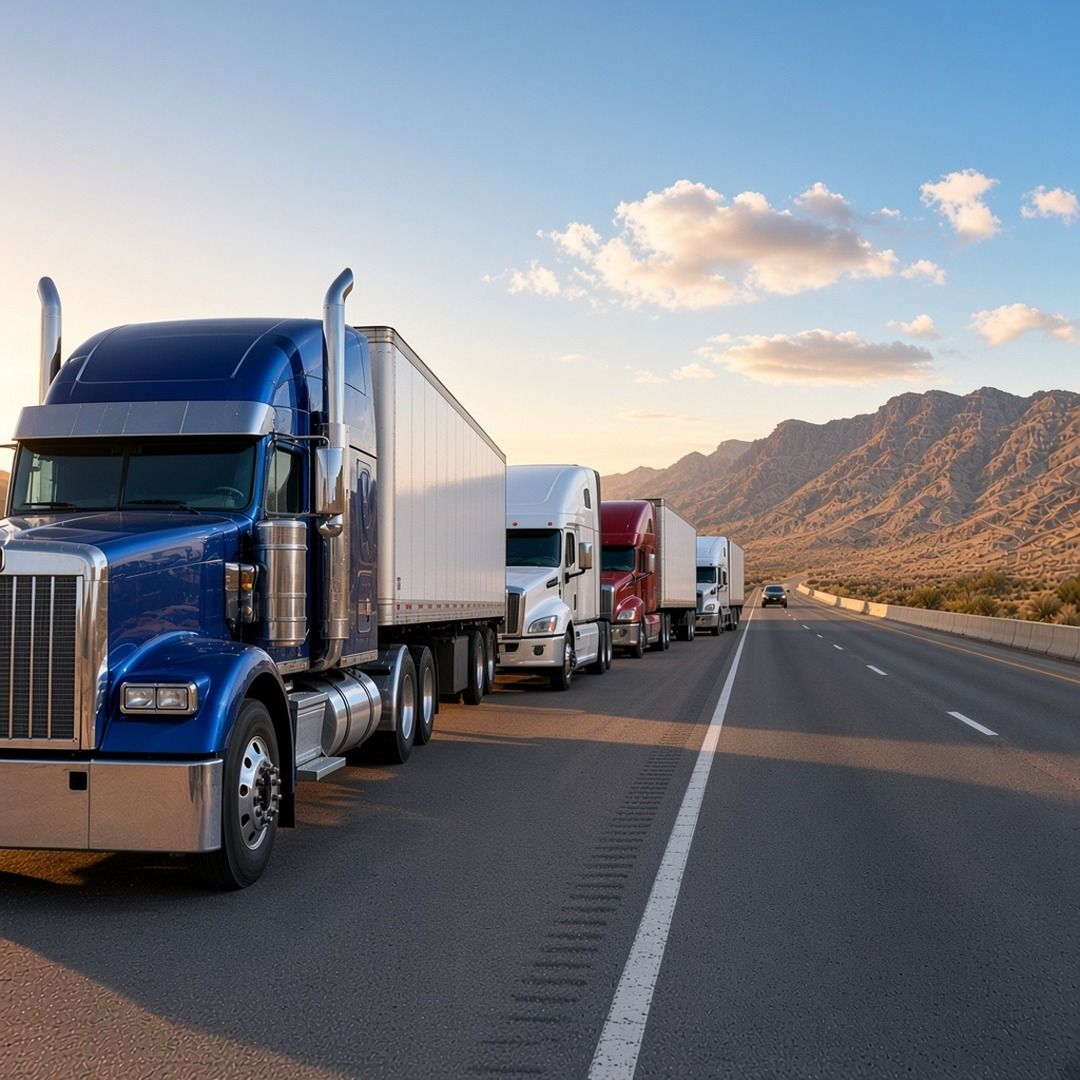 Illustration of semi trucks waiting in a line along a wide desert highway shoulder in early morning light ahead of a planned trucker strike in Mexico. Not a photo of the strike.