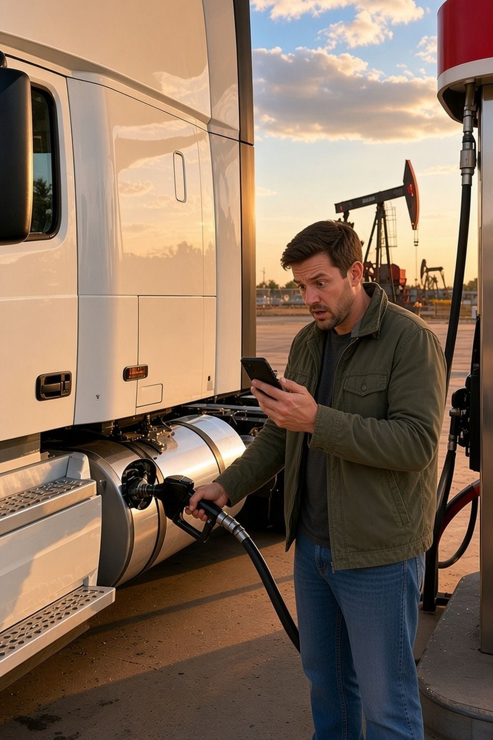A shocked trucker stares at his phone while fueling a white semi at the saddle tank, with oil pumpjacks behind at golden hour
