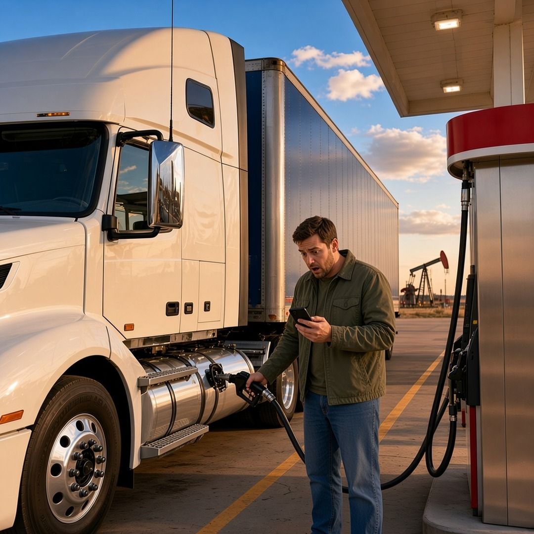 A shocked trucker looks at his phone while fueling a white semi at a diesel pump, with an oil pumpjack in the distance at sunset
