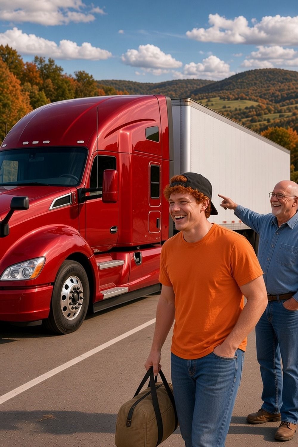 A laughing young trucker carries a duffel bag beside a red semi as an older man points toward the lot, with autumn hills behind