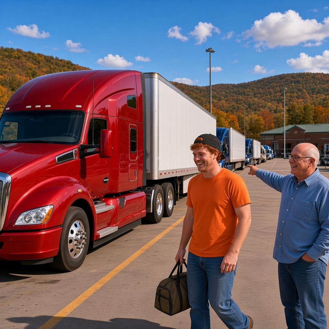 A smiling young trucker carries a duffel bag past a red semi in a truck lot as an older man points, with fall-colored hills behind