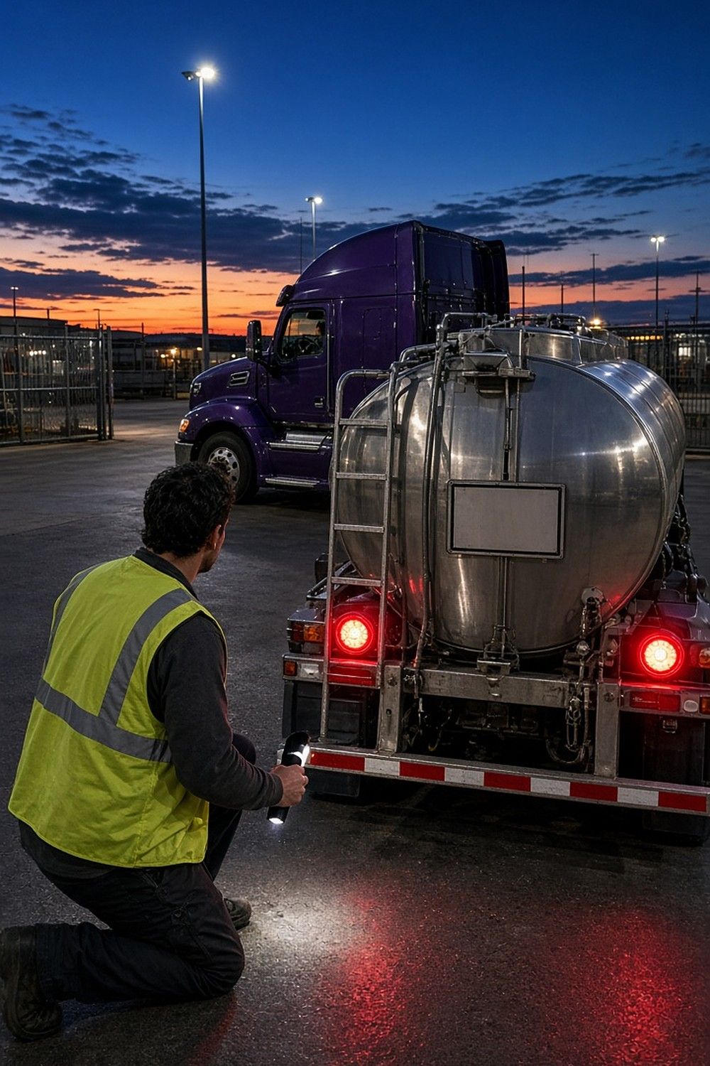 A worker in a safety vest kneels with a flashlight to check the lit red rear lights of a stainless tanker trailer in a lot at dusk