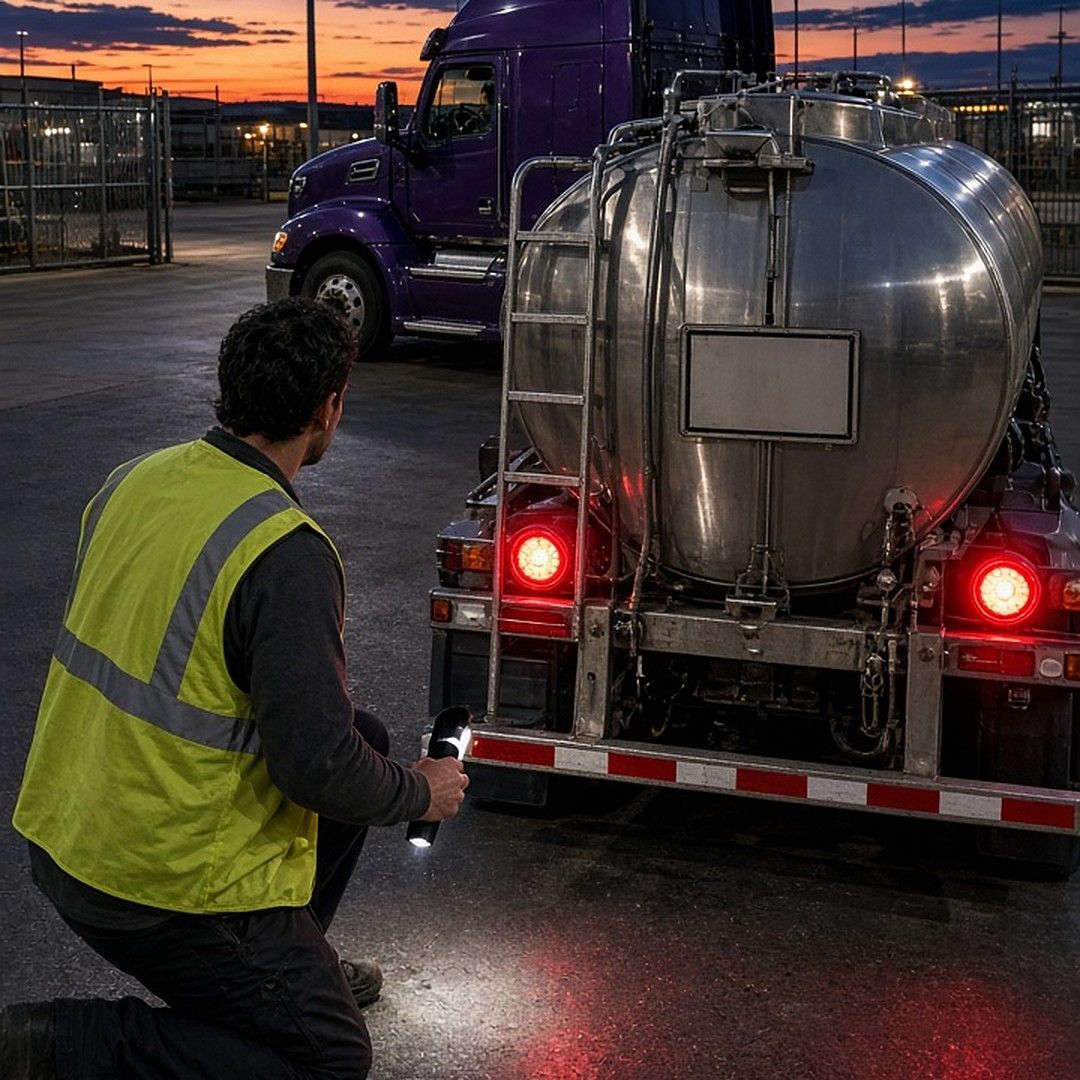 A worker in a safety vest kneels with a flashlight to check the lit red rear lights of a stainless tanker trailer at dusk
