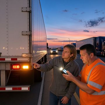 A young man points at a lit amber lamp on the back of a trailer at dusk while a tech in orange hi-vis holds a tester