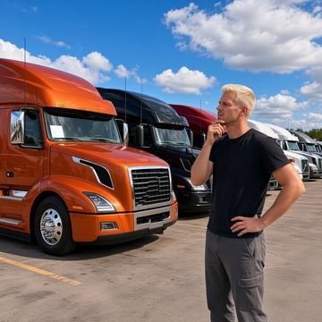 A tall man with his hand on his chin looks over an orange semi tractor on a used truck lot