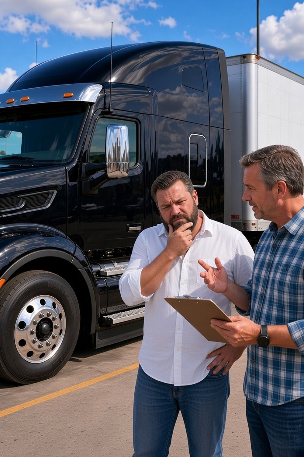 A bearded buyer rubs his chin while a seller holding a clipboard explains the deal beside a glossy black semi truck