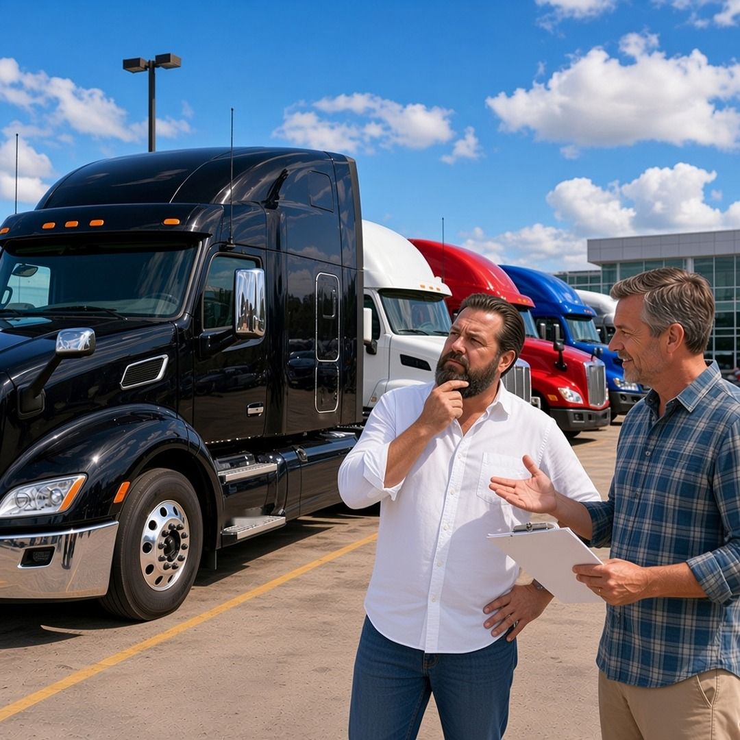 A thoughtful man rubs his chin while a seller with a clipboard explains, beside a glossy black semi on a sunny dealer lot
