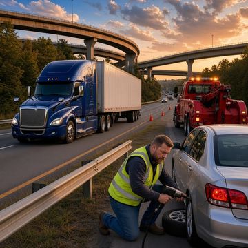 A tow operator in a hi-vis vest changes a car tire on a highway shoulder near a red wrecker as a blue semi passes under flyovers