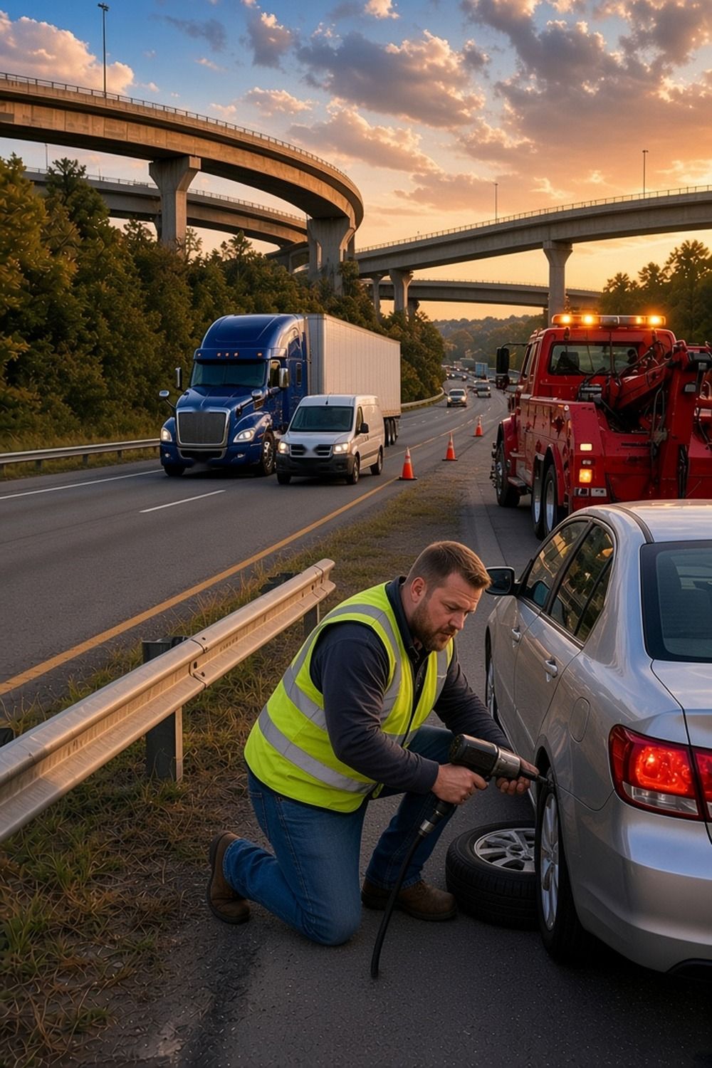 A tow operator in a hi-vis vest kneels to change a car tire on the highway shoulder beside a red wrecker at sunset