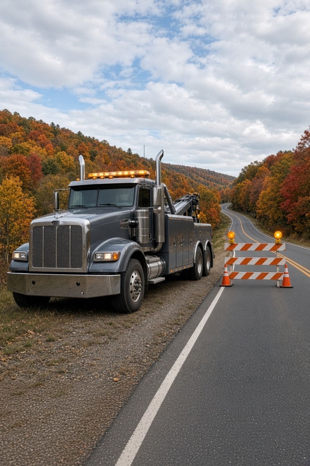 A heavy-duty tow truck with amber lights waiting beside a road closure barricade on a rural Pennsylvania road in autumn