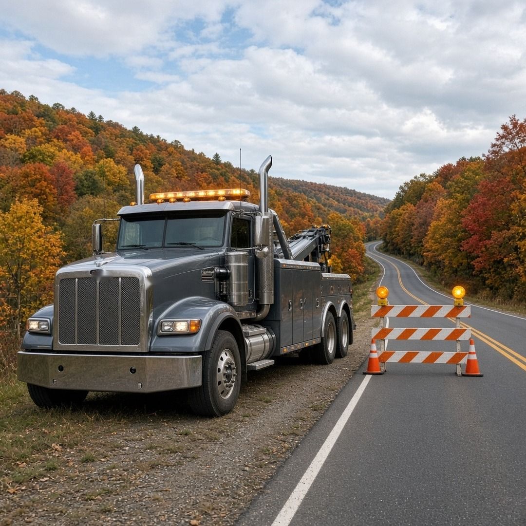 A heavy-duty tow truck with amber lights waiting beside a road closure barricade on a rural Pennsylvania road in autumn