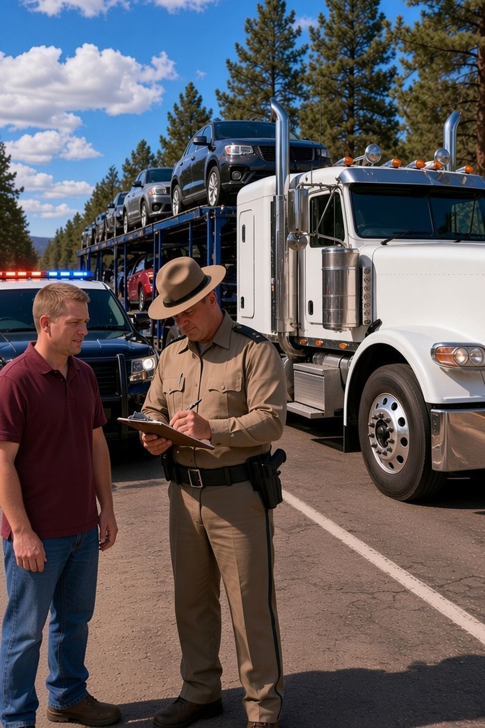 A state trooper writes on a clipboard while a driver in a maroon polo waits beside a white car hauler semi among tall pines