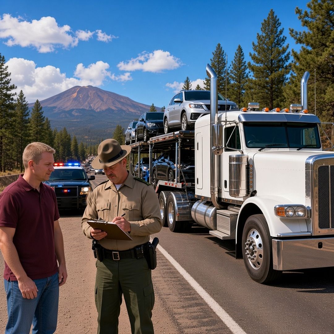 A state trooper with a clipboard talks with a driver beside a white car hauler semi near Flagstaff, with pines and a mountain behind