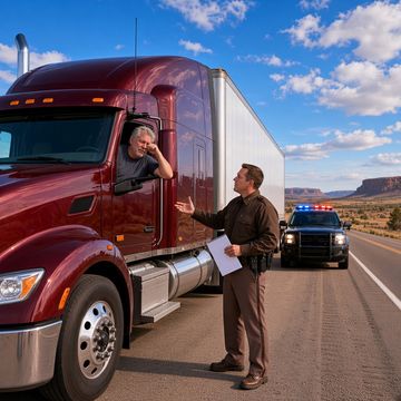A trooper with a notepad talks with a weary gray-haired driver beside a maroon semi and reefer trailer parked on a Wyoming highway shoulder