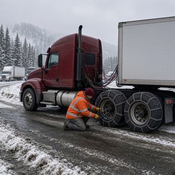 A trucker in an orange safety jacket kneels to put tire chains on a red semi on a snowy mountain road