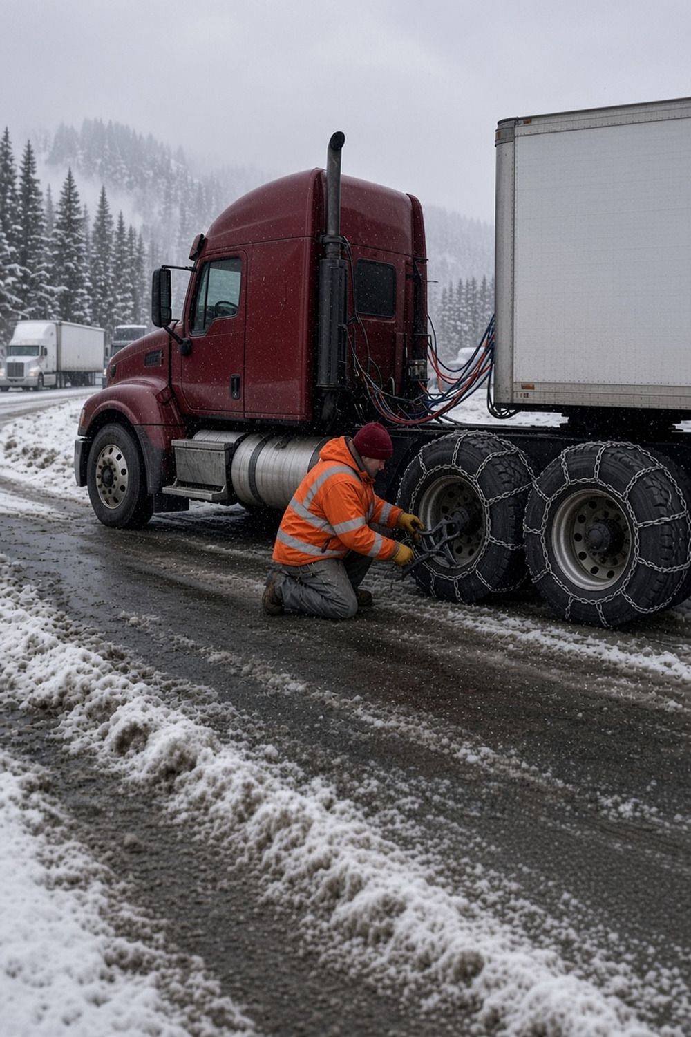 A trucker in an orange safety jacket kneels to put tire chains on a red semi on a snowy mountain road