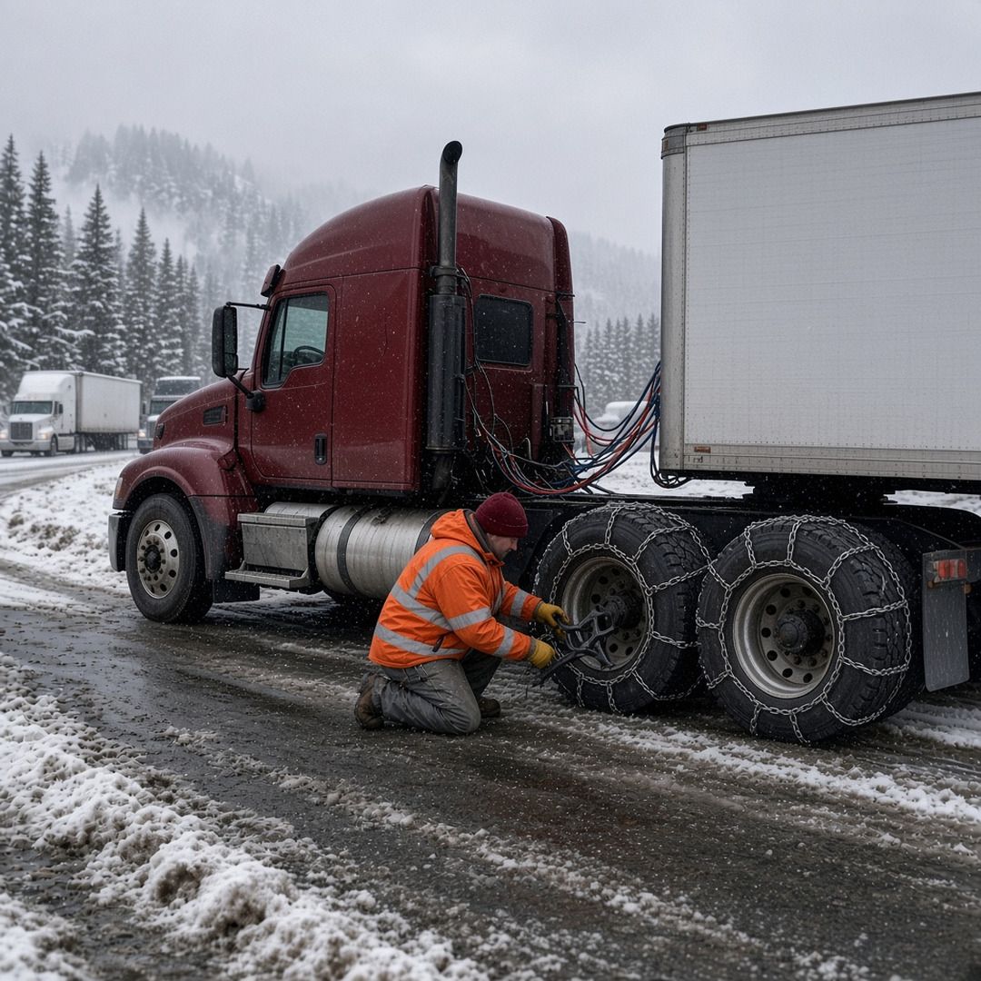A trucker in an orange safety jacket kneels to put tire chains on a red semi on a snowy mountain road