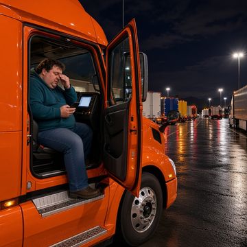 A truck driver in the seat of an orange cab checks his electronic logging device on a wet night