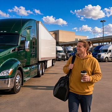 A trucker in a mustard hoodie carries coffee and a bag past a green sleeper semi at a busy truck stop