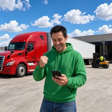A truck driver in a green hoodie fist-pumps at his phone beside a red sleeper semi at the loading docks