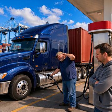 A frustrated truck driver fuels his semi at a diesel pump near the Port of Oakland as another driver stands with arms crossed